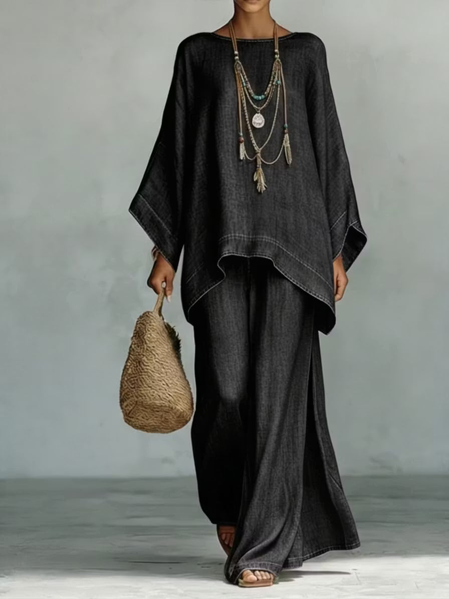 Cozy And Casual Tencel Denim Top And Wide-leg Pants Two-piece Set