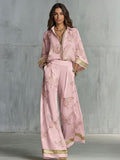 Elegant Butterfly Print Zip-Up Top & Wide Leg Pants Set