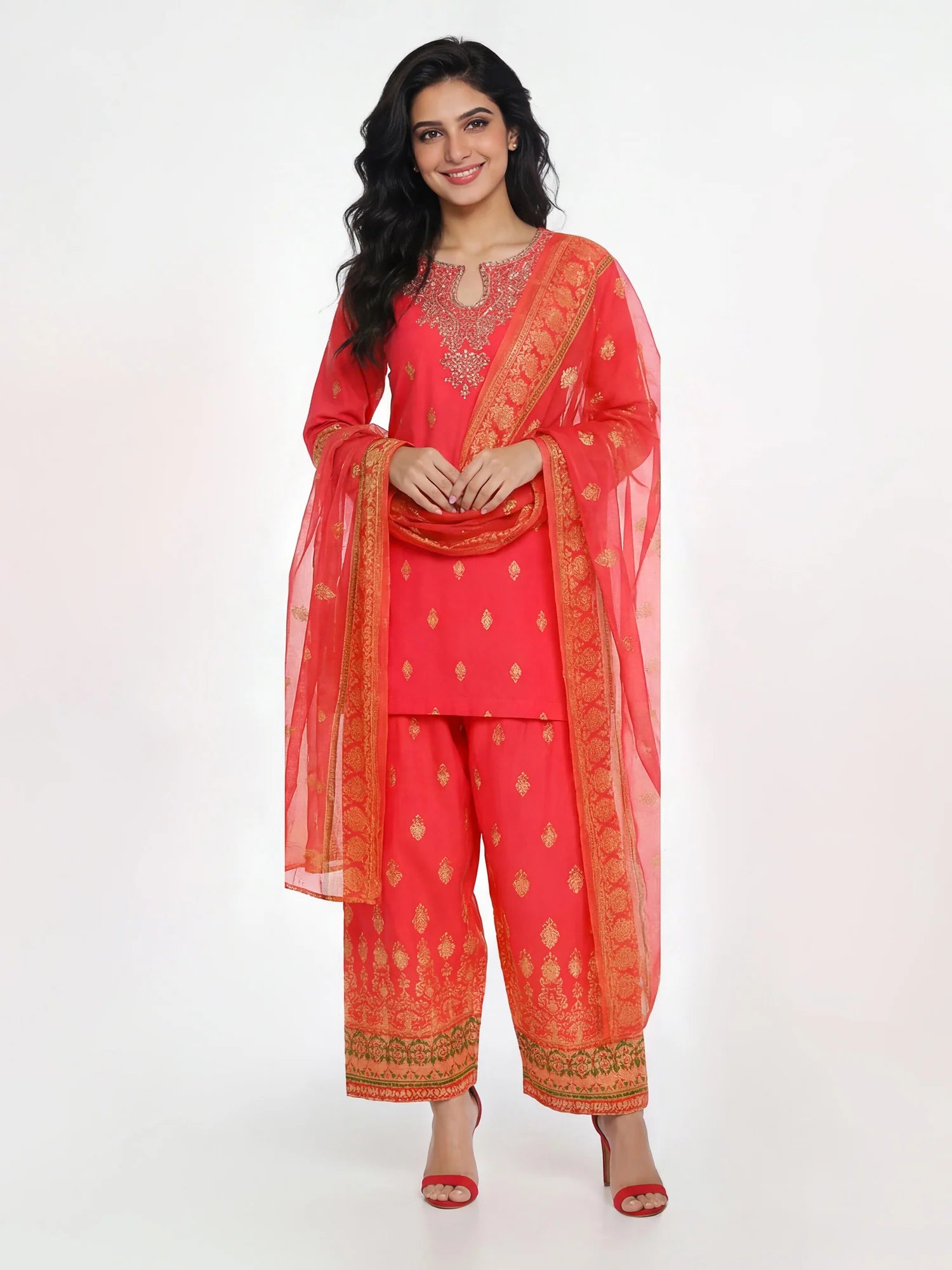 3 Piece Cambric Suit- Embroidered (limelight)