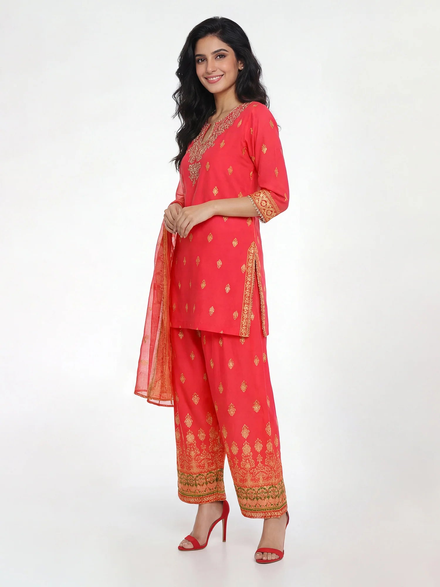 3 Piece Cambric Suit- Embroidered (limelight)