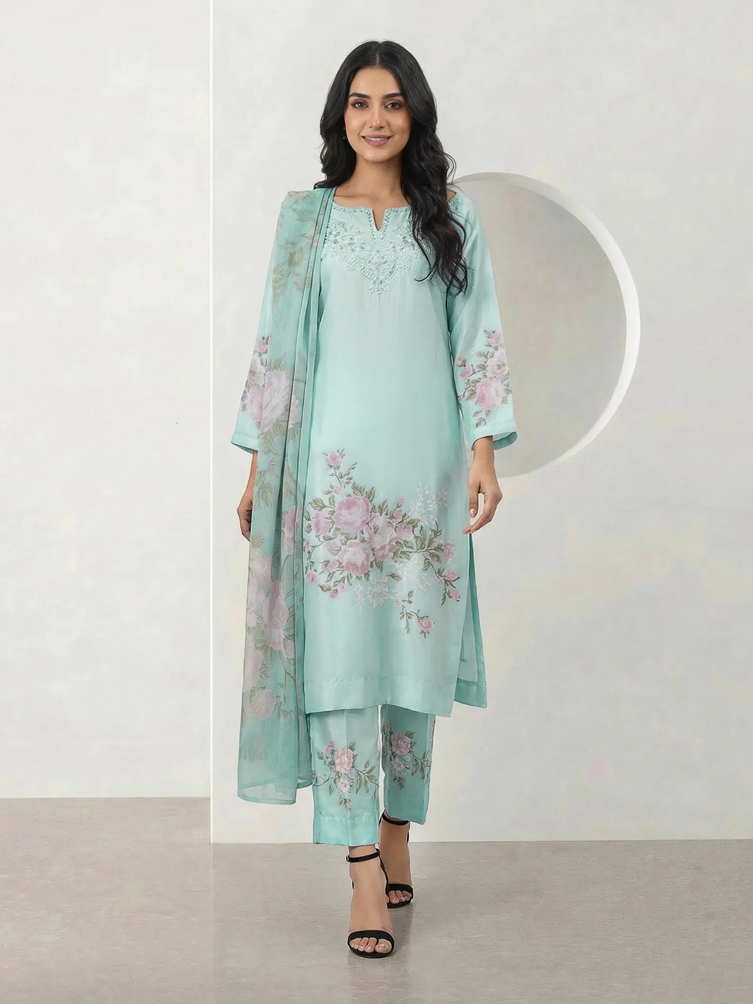 3 Piece Silk Suit Embroidered (Limelight)