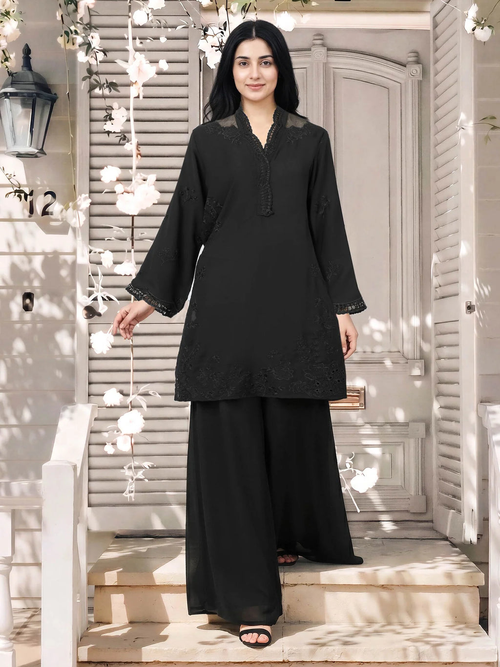 2 Piece Chiffon Suit- Embroidered (Limelight)