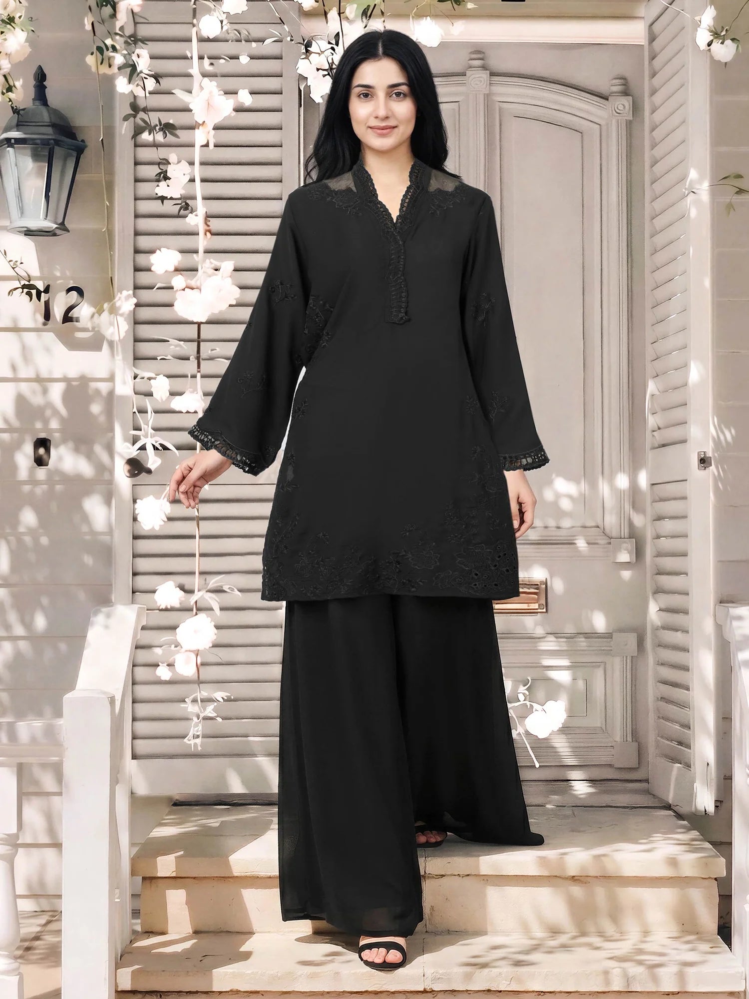 2 Piece Chiffon Suit- Embroidered (Limelight)
