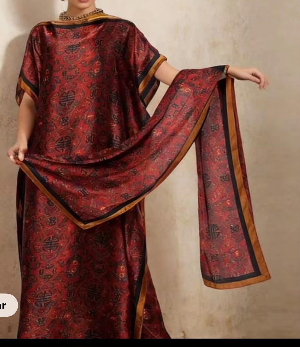 Crimson Oriental Kaftan Set with Dupatta