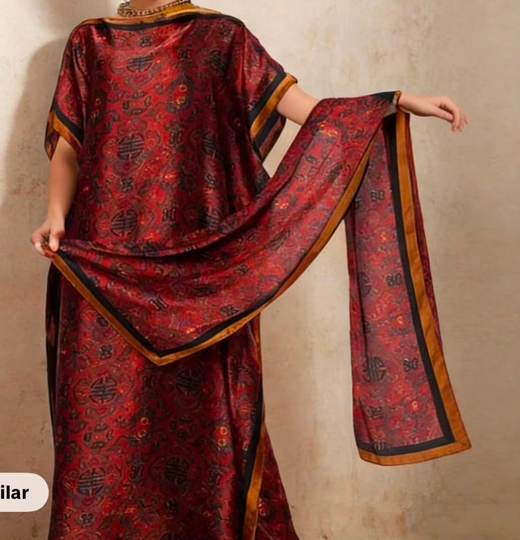 Crimson Oriental Kaftan Set with Dupatta