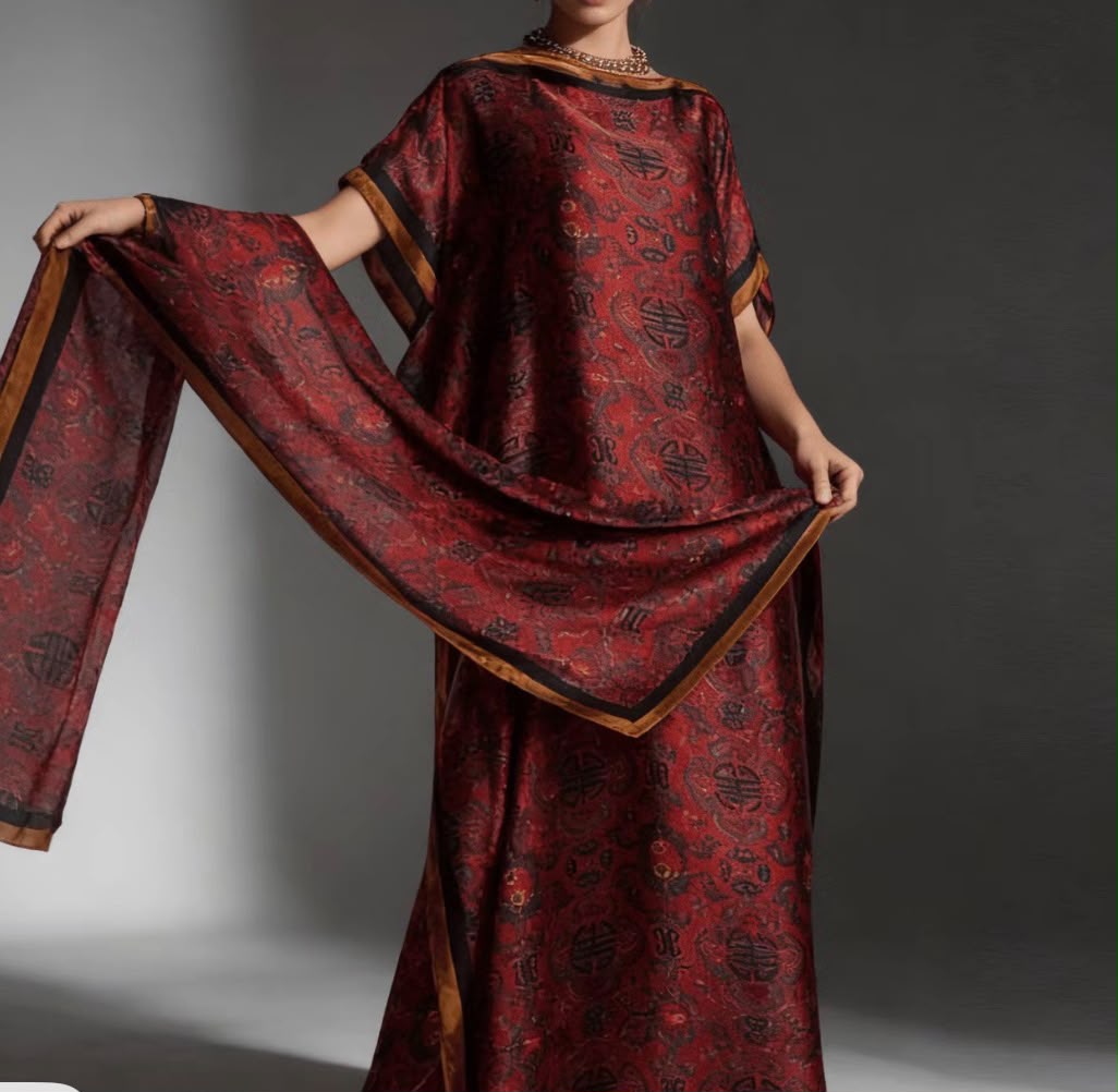 Crimson Oriental Kaftan Set with Dupatta