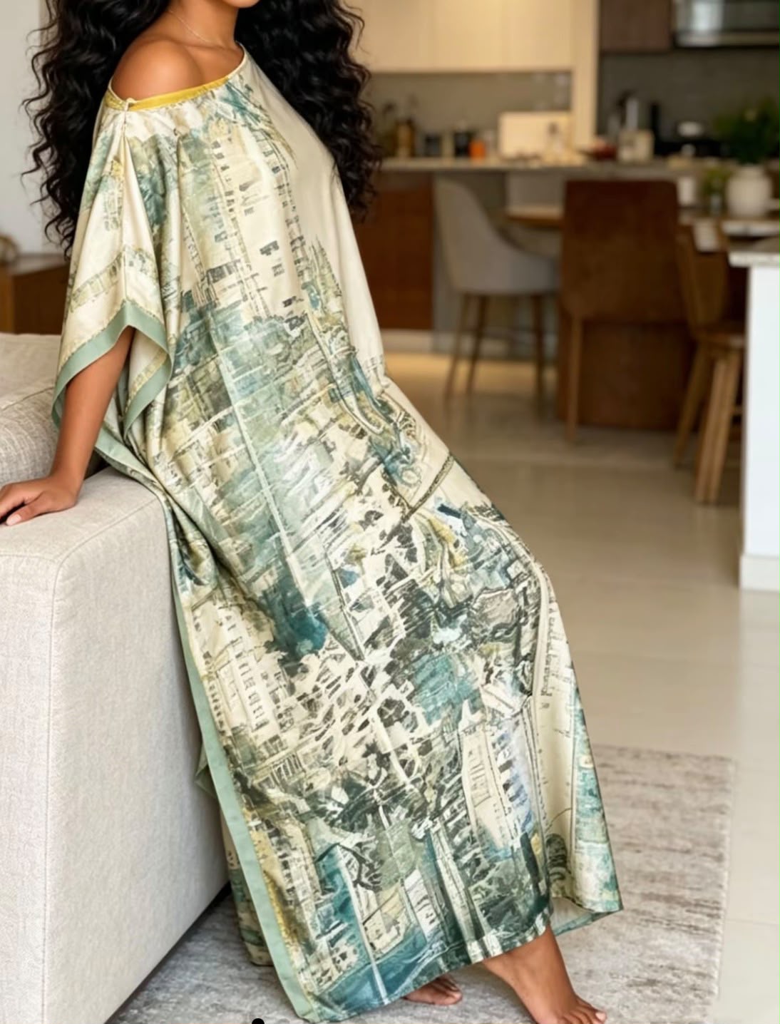 Abstract Cityscape One-Shoulder Kaftan