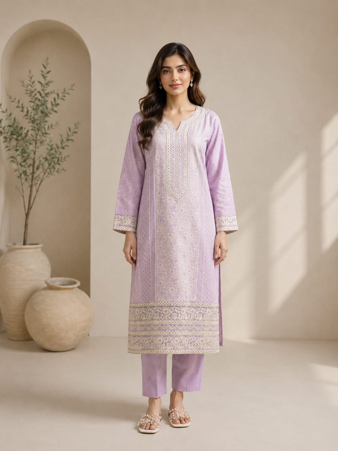 2 Piece Satin Suit- Full Embroidered - Limelight